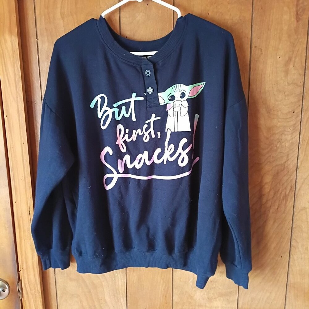 Star Wars Grogu “But First Snacks” Navy Blue Long Sleeve Sleep Top Women’s XL